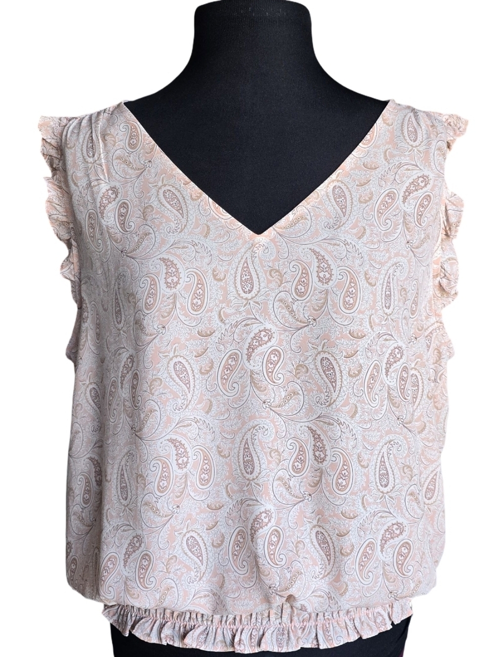 NWT LOFT Peach Paisley V-Neck Ruffle Sleeve Blouse Size L Boho Cottagecore